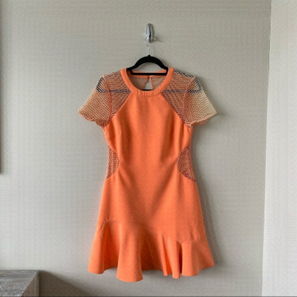 NWT-ADELYN Rae Orange Dreamsicle Mesh Insert Asymmetrical Hem Mini Dress